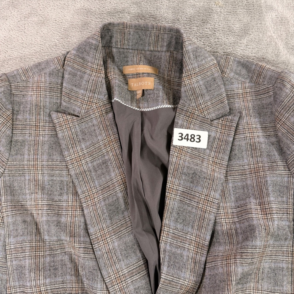Talbots Blazer Women 14W Grey Plaid Italian Wool Blend Single Button Jacket